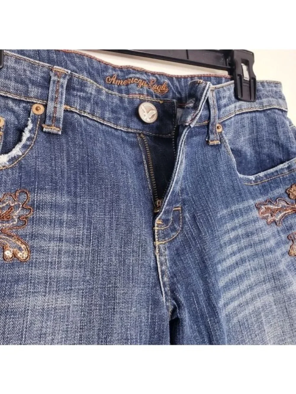 American Eagle Stretch Boot Beaded Distressed Bootcut Jeans Y2K Women's Size 6